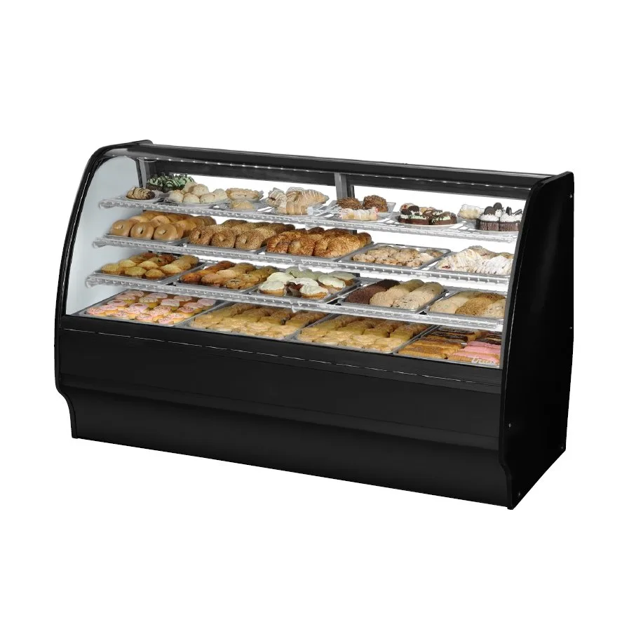 True TGM-DC-77-SC/SC-S-S 77" Curved Glass Solid Colored End Dry Bakery Merchandiser