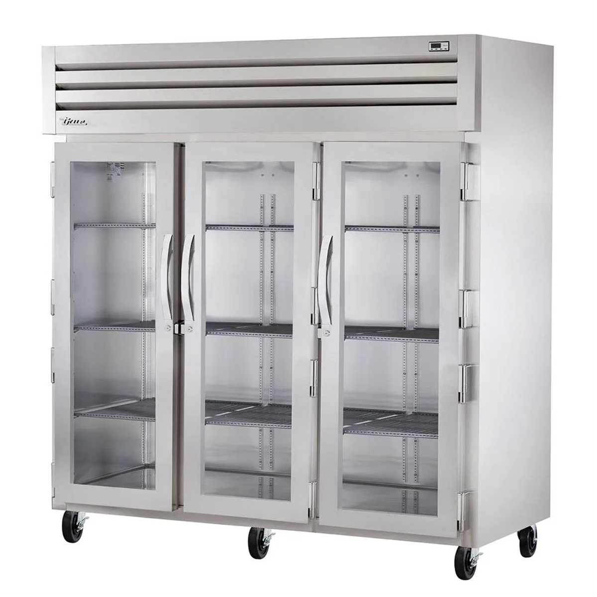True STA3R-3G 77" 3-Section Reach-In Refrigerator w/ 3 Glass Doors, Top Mount, Aluminum Interior-Stainless Floor