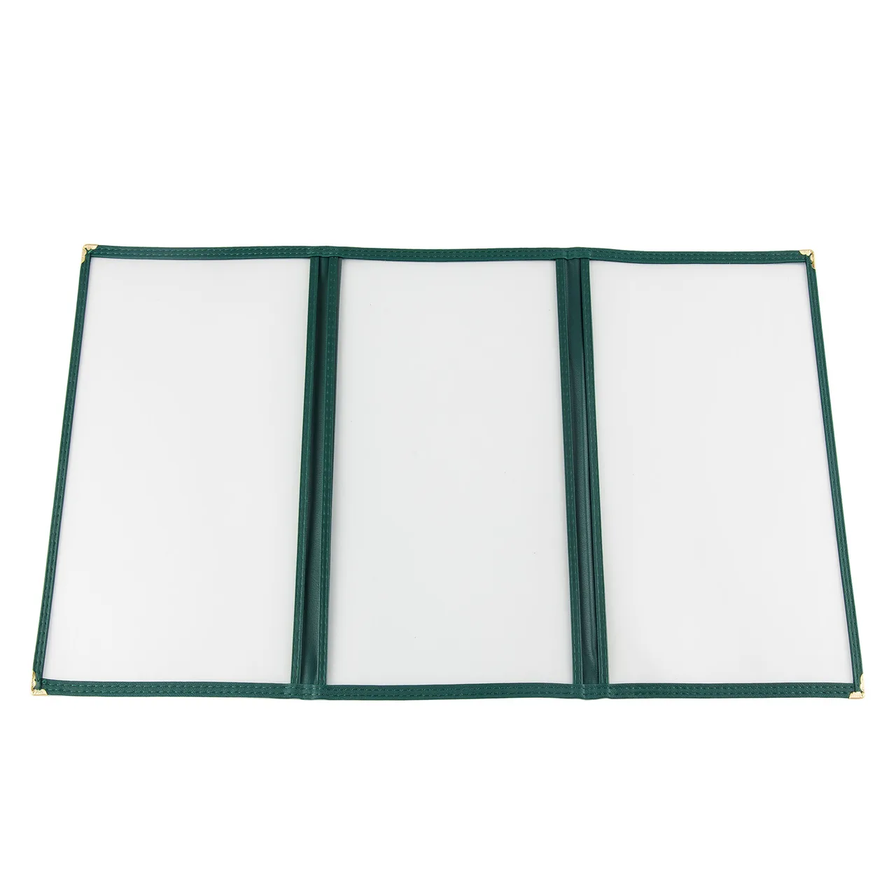 CAC China MCP3-911GN Menu Cover - 3‑Pocket Vinyl, 8½" x 11", Double‑Sided View, Green Trim