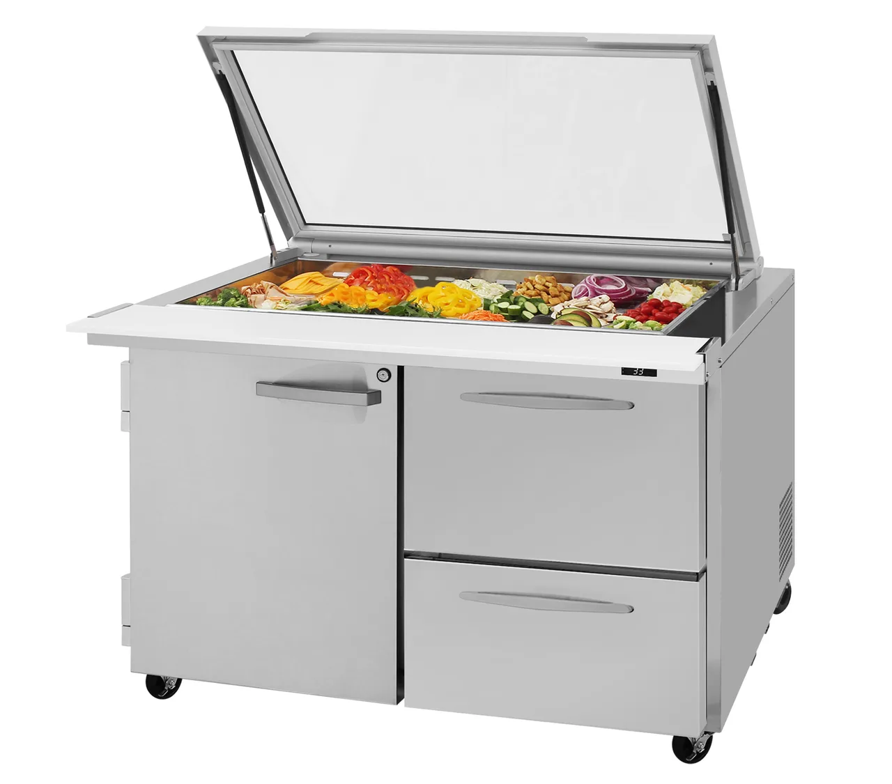 Turbo Air PST-48-18-D2R(L)-N-GL 48" Mega Top Sandwich and Salad Prep Table w/ 2 Drawers & 1 Door, 18 Pans