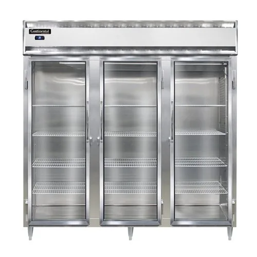 Continental Refrigerator D3RNGD 78" 3-Section Reach-In Refrigerator w/ 3 Glass Doors, Stainless Steel Front Aluminum Exterior, 72 cu. ft.