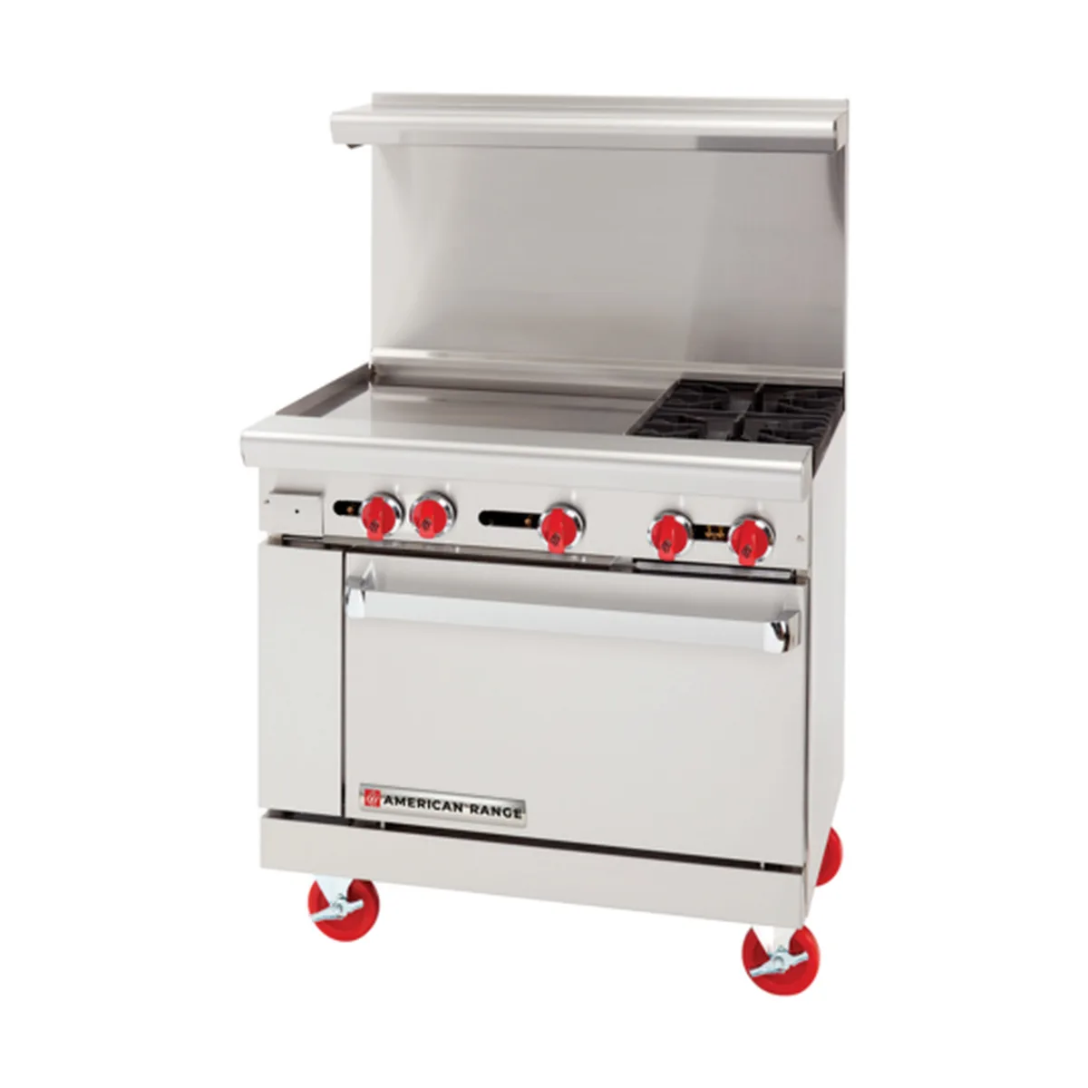 American Range AR-24G-2B 36" Gas Restaurant Range w/ (2) Open Burners, (1) 24" Griddle, (1) Standard Oven, 139.000 BTU