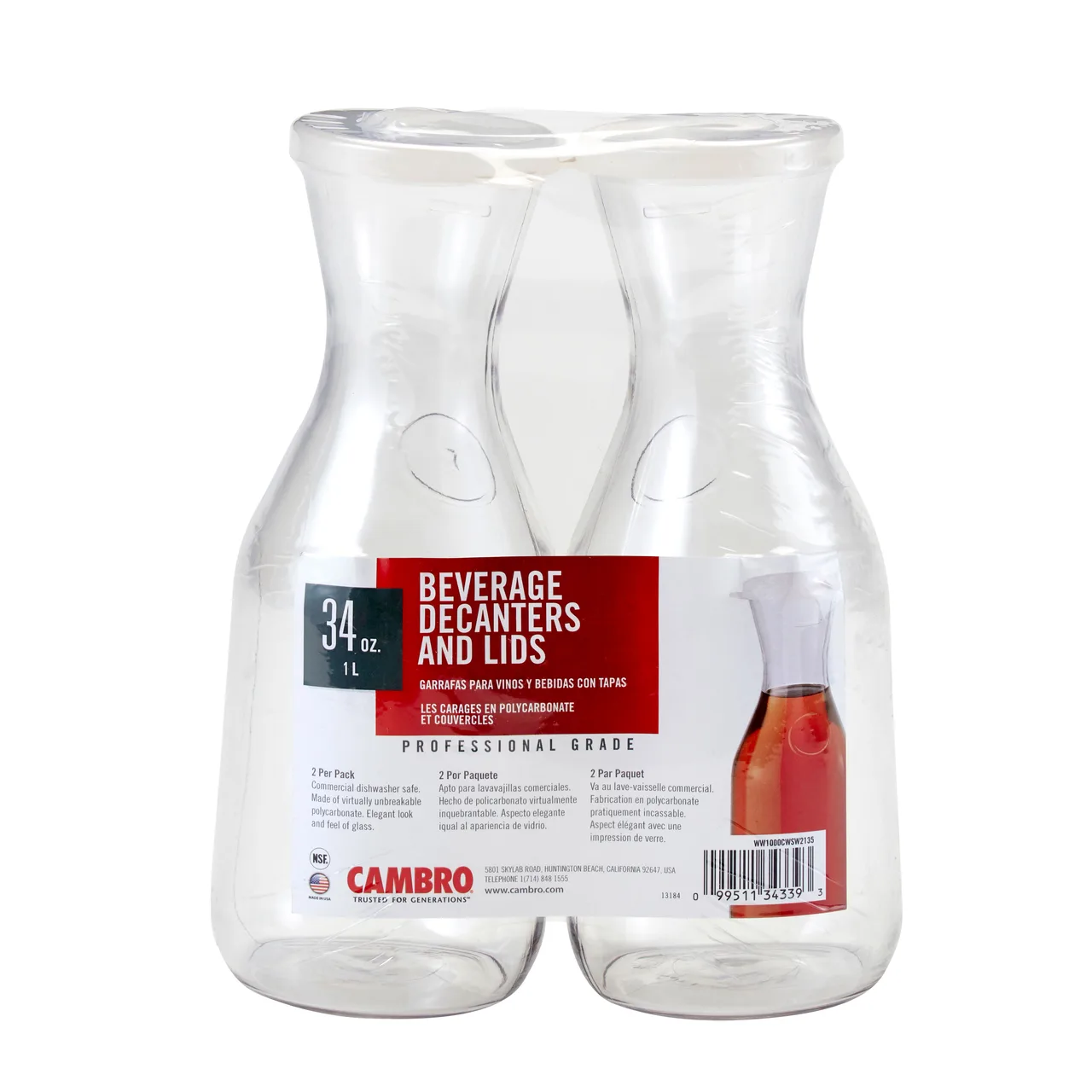 Cambro WW1000135 Decanter, 1 L (34 oz) Clear Plastic, 9‑3/4″, Spill‑Proof Lid, NSF, Made in USA