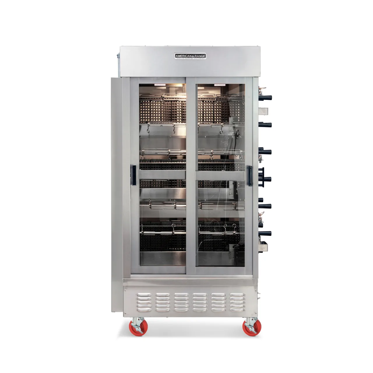 American Range ACB-7 Rotisserie Gas Oven w/ 7 Spits, 3 Burners, Port Pipe Heat, Sliding Doors