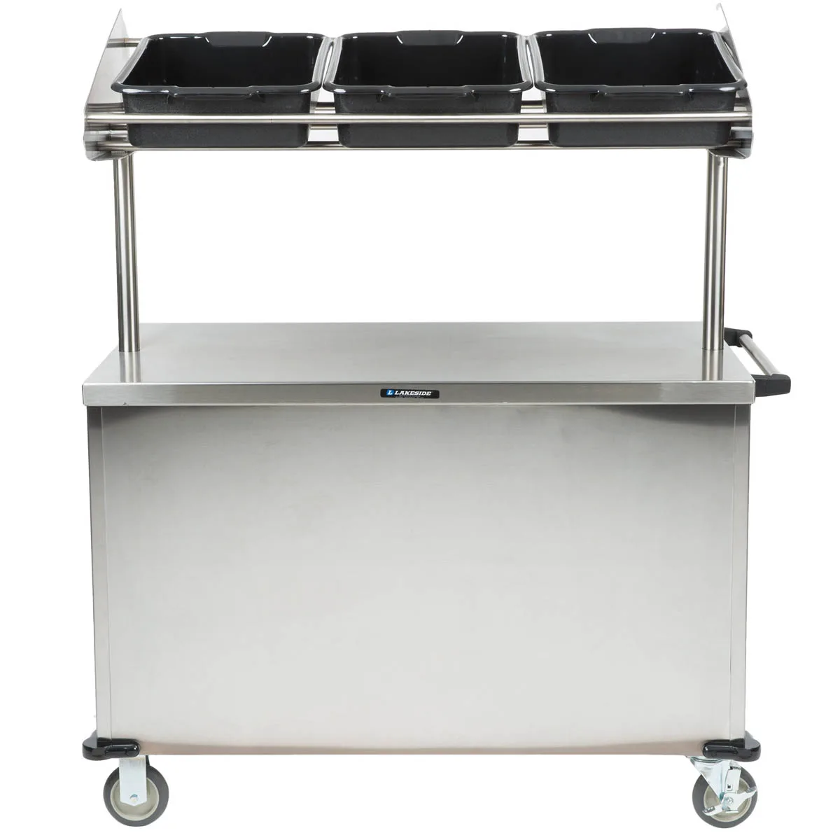 Lakeside 663 Solid Stainless Steel Breakfast / Snack Cart w/ Overhead Shelf with (3) Plastic Bins