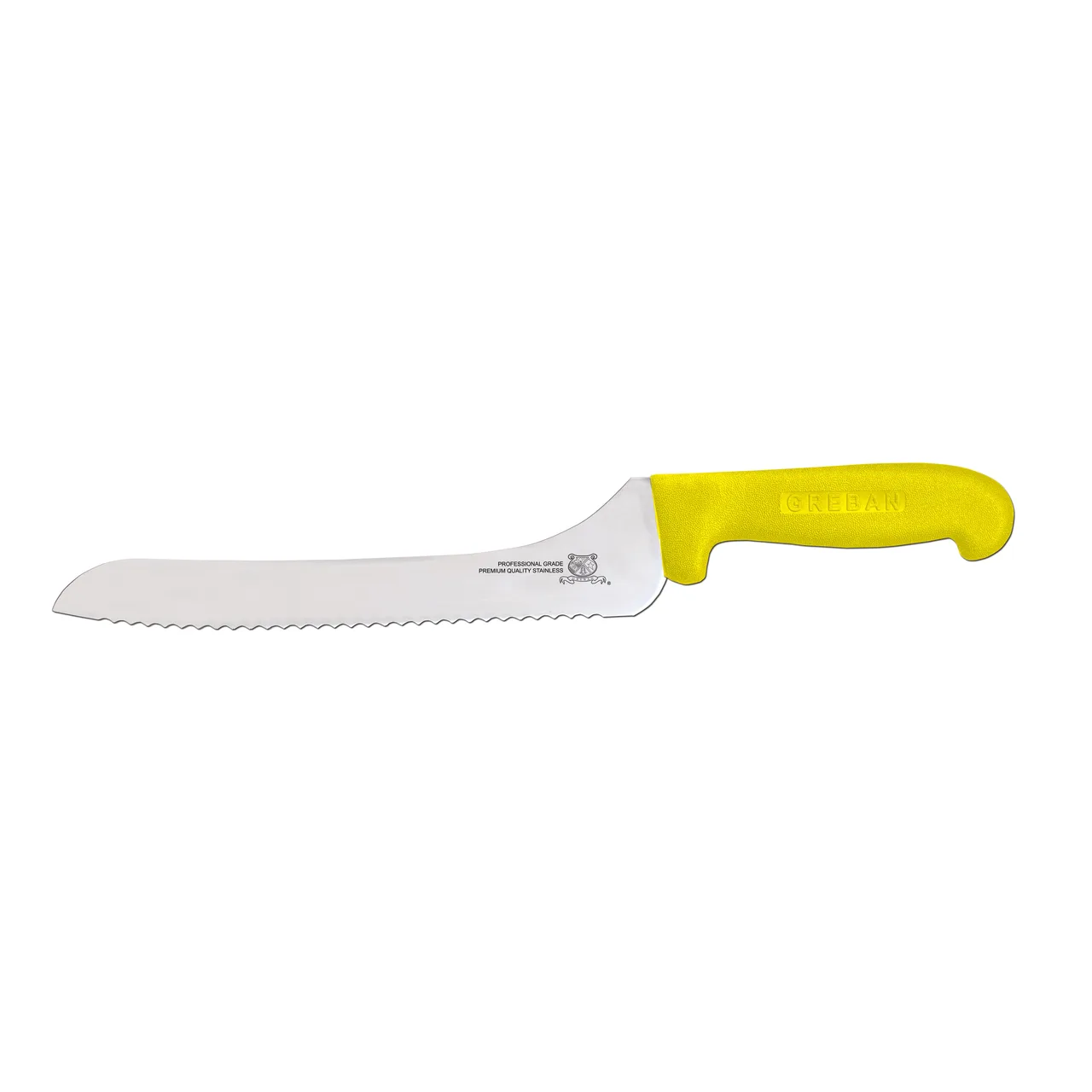 Omcan USA 12444 Slicing Knife, 9" Off‑Set Blade, Wave Edge, Stamped, Yellow Polypropylene Handle