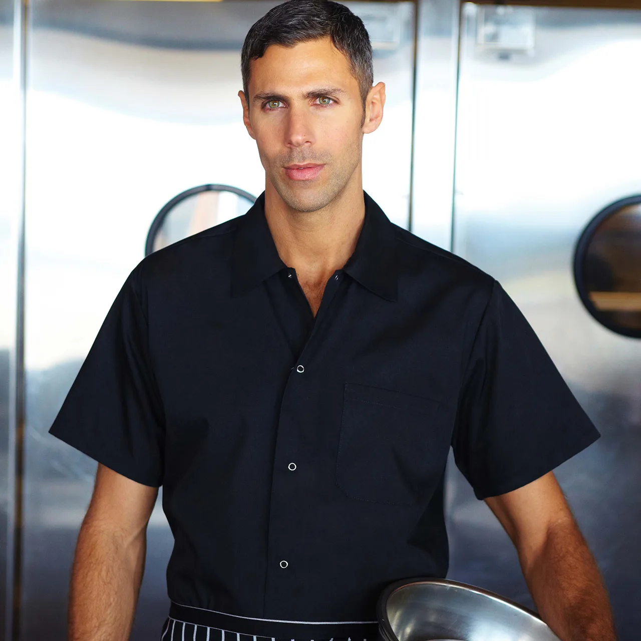 Chef Works KCBL-BLK-XS Utility Shirt, Short Sleeves, Black, XS, 65/35 Poly/Cotton