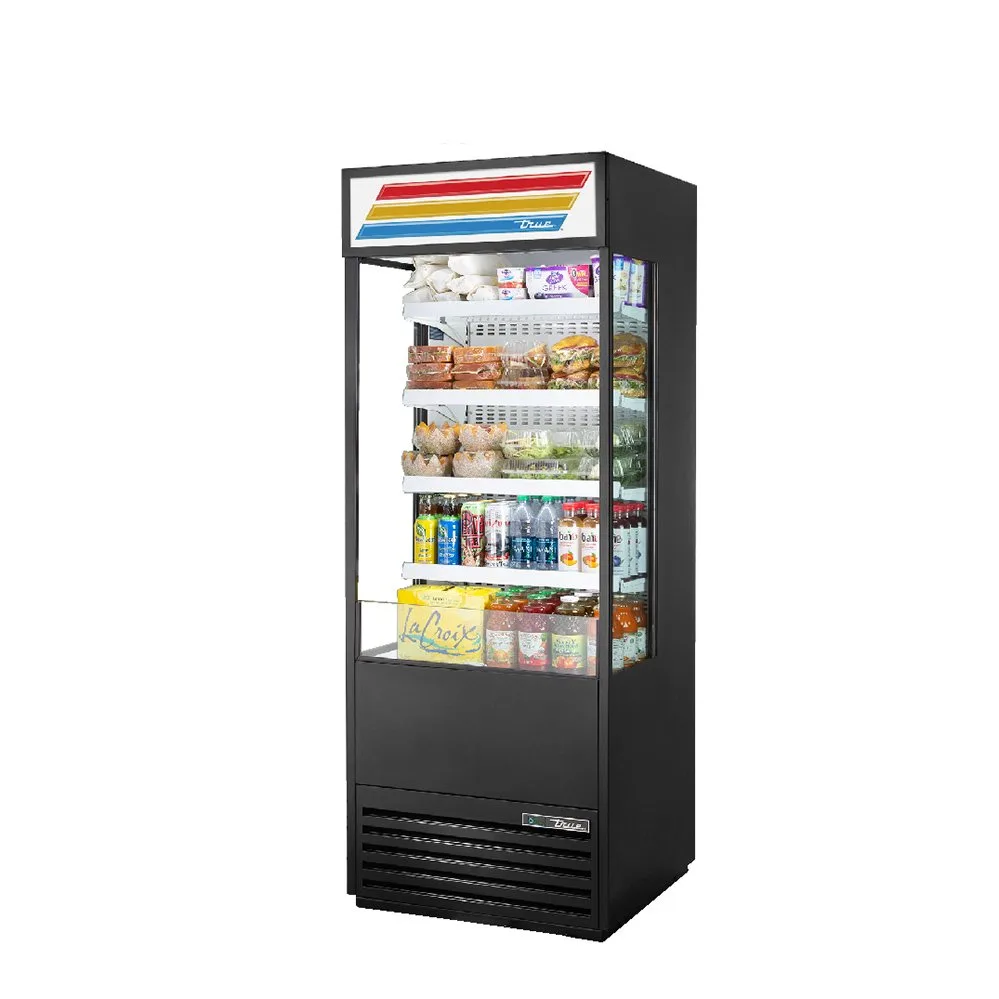 True TOAM-30GS-HC~TSL01 30" Vertical Air Curtain Merchandiser in Black, Self-Contained, 4 Shelves, Lighted Sing Panel