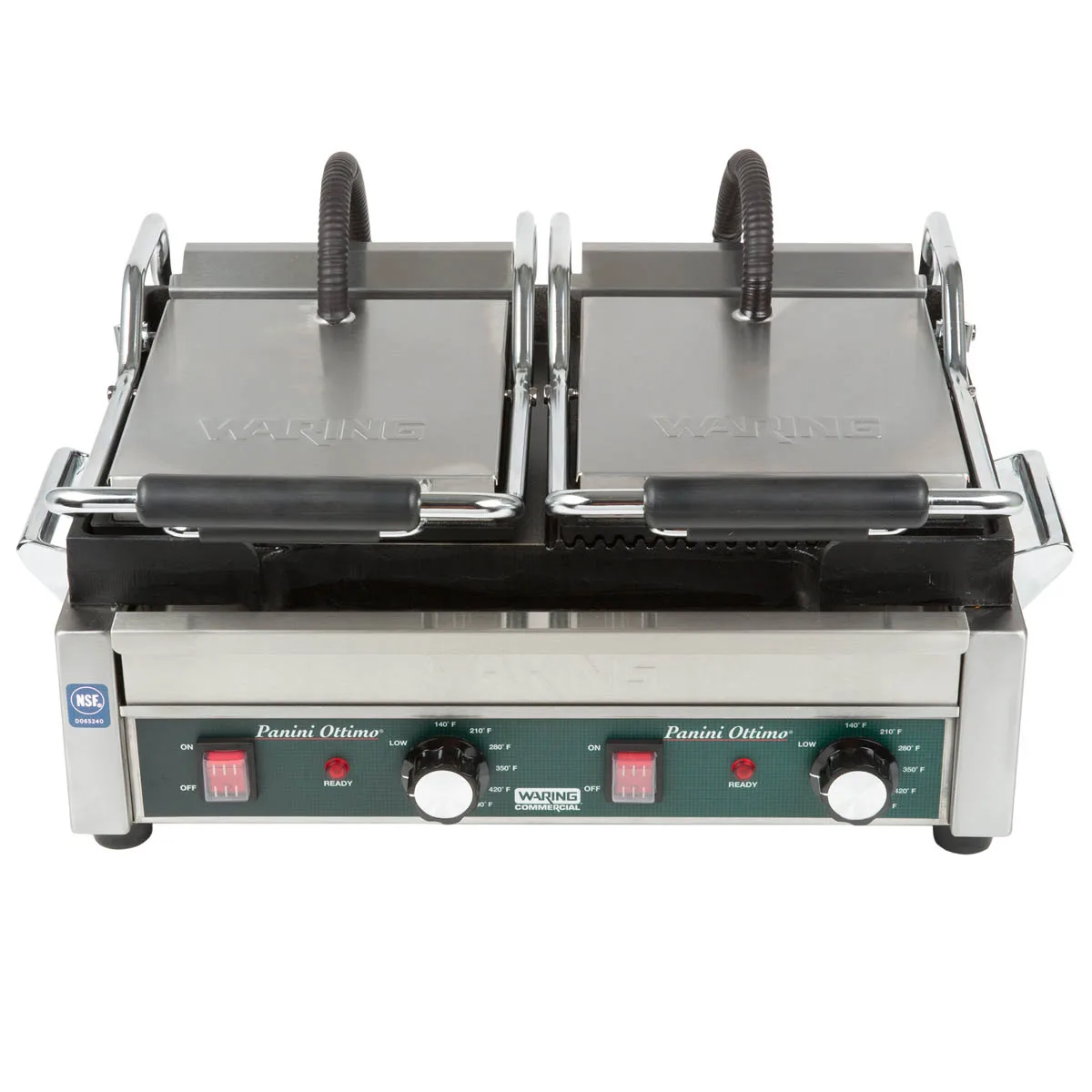 Waring WDG300T Double Cast Iron Sandwich Panini Grill w/ Timer, Smooth & Grooved Plates, 240V