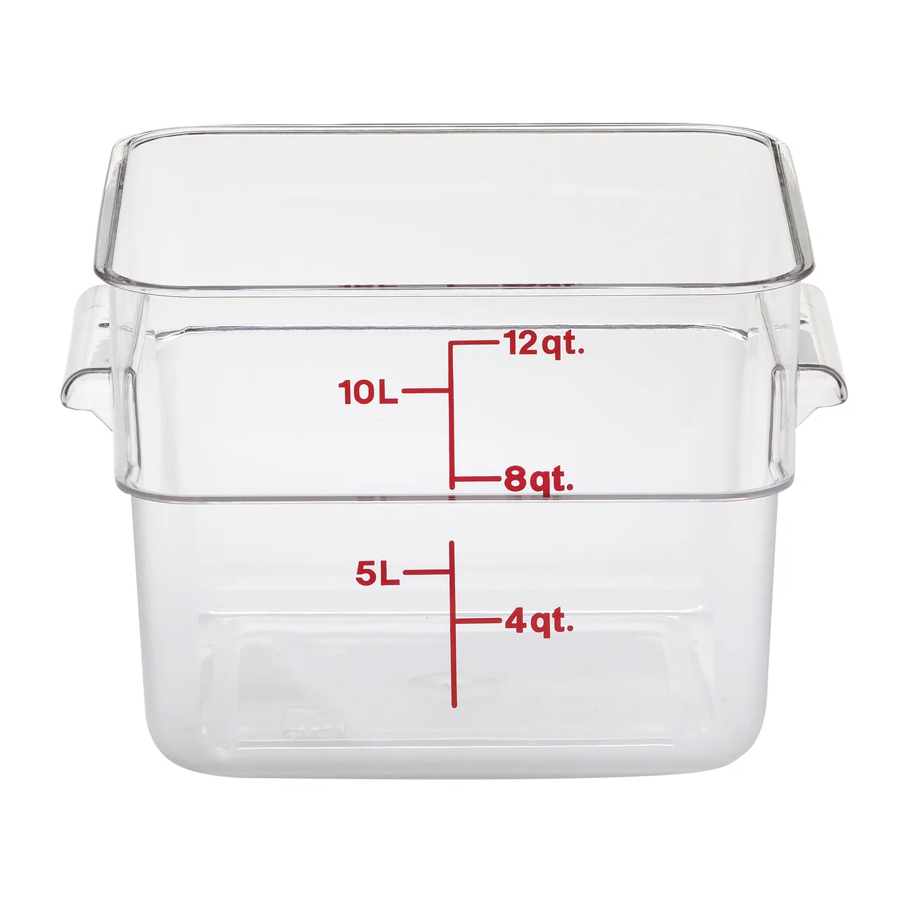 Cambro 12SFSCW135 CamSquare– 12 Qt ClearPC Square, 11-1/4"Lx12-1/4"Wx8-5/16"H, Red Handles, No Lid