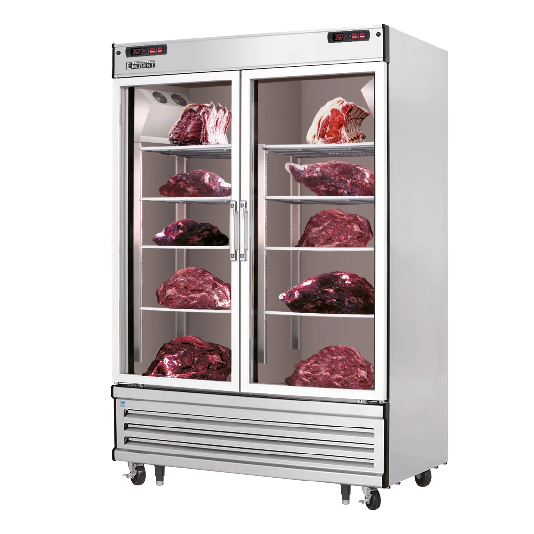 Everest EDA2 54-1/8" Two-Section Stainless Steel Meat Dry Aging & Thawing Cabinet, 50 cu ft, 2 Glass Doors, LED Controls, R290