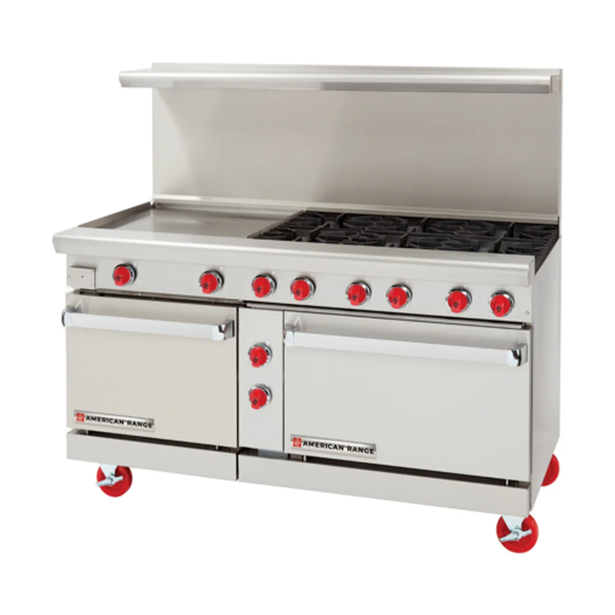 American Range AR-24G-6B 60"Gas Restaurant Range w/ (6) Open Burners, (1) 24" Griddle, (2) Standard Ovens, 302.000 BTU