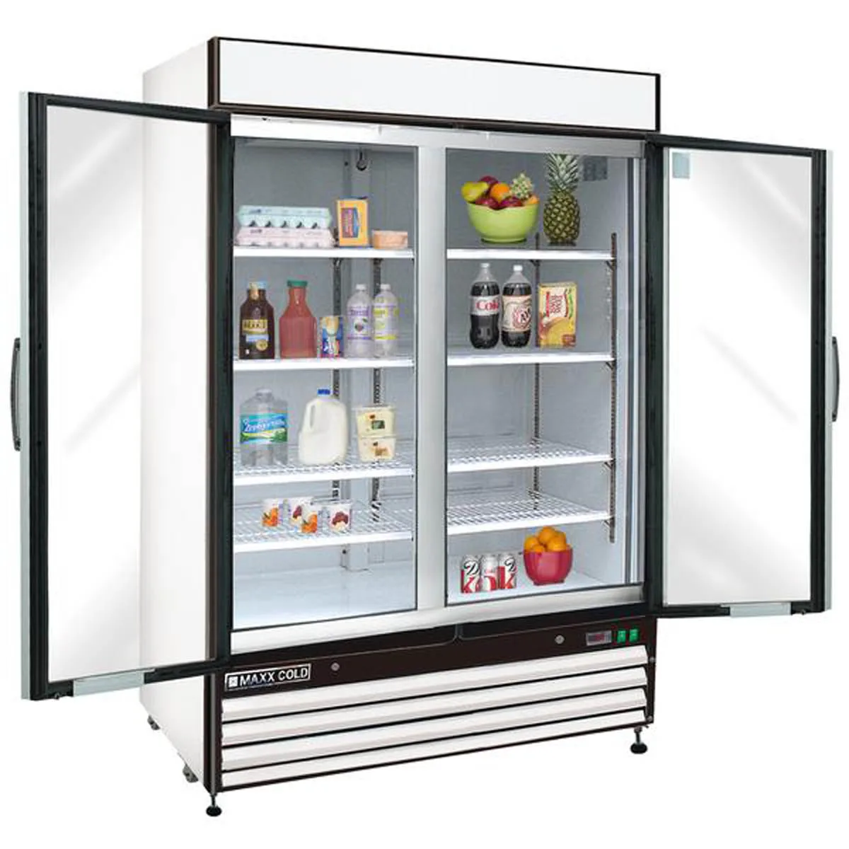 Maxx Cold MXM2-48RHC 54" 2-Section Glass Door Merchandiser Refrigerator in White, 48 cu. ft.