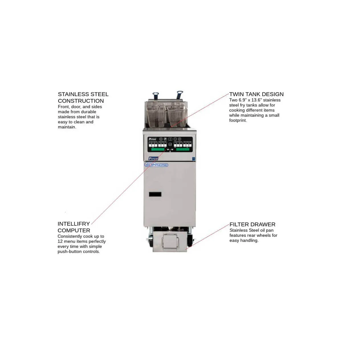 Pitco SELV14T-C/FD Split Pot Floor Model Electric Fryer w/ (2) 15-Lb. Oil Tanks, Filter System