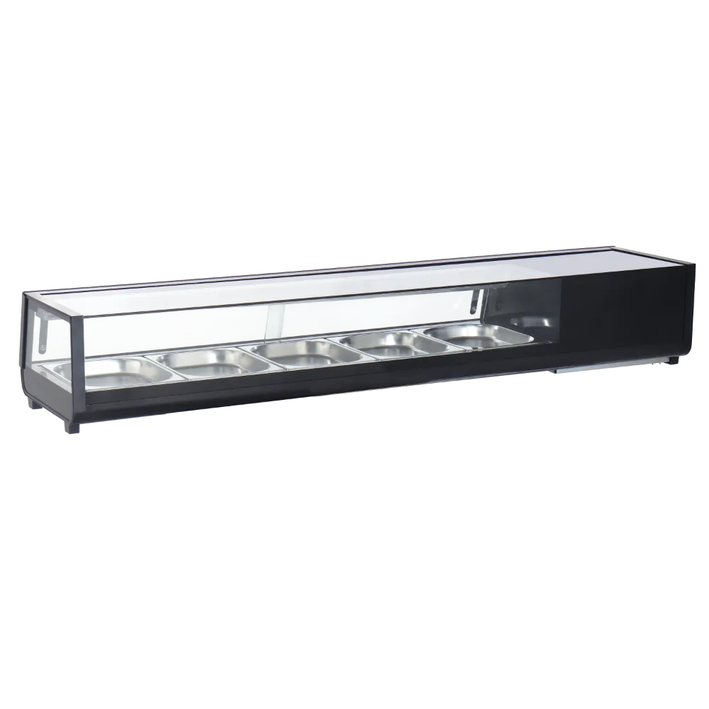 Omcan USA 48670 – 71" Black Sushi Display, 132 L Capacity, Glass Front Sliding Door, R290 Refrigerant