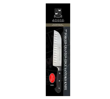 Omcan USA 21883 Premium Santoku Knife, 7" Forged Stainless Steel Blade, Granton Edge, Black Handle