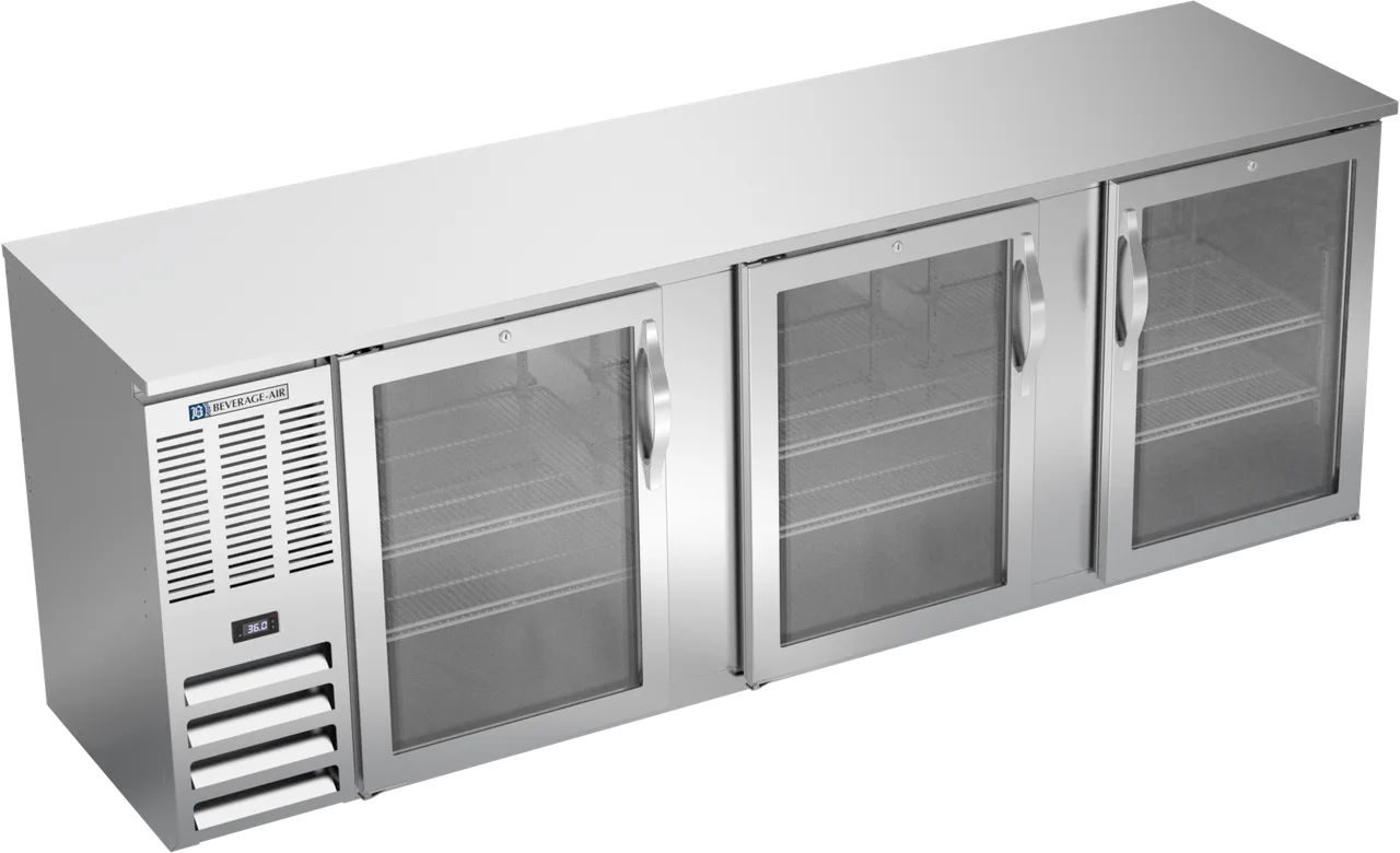 Beverage Air BBN94HC-FG-S Bar Cooler 94"W x 26"D x 34"H, 27 Cu Ft, 3 Glass Doors, Top, 1/3 HP, 115V