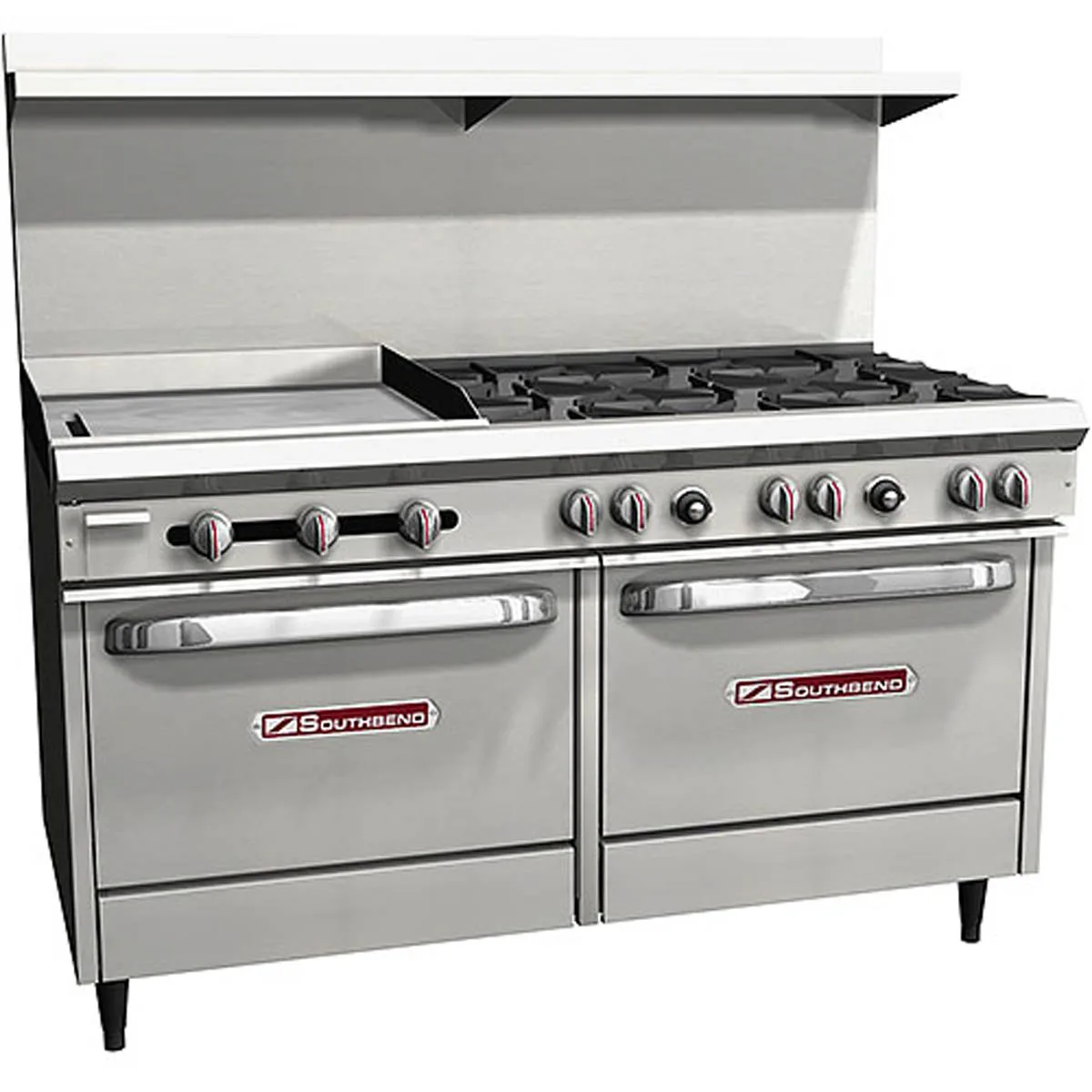 Southbend S60DD-2GL 60" Gas Restaurant Range w/ (6) Open Burners, 24" Griddle Left, (2) Standard Ovens, 286.000 BTU