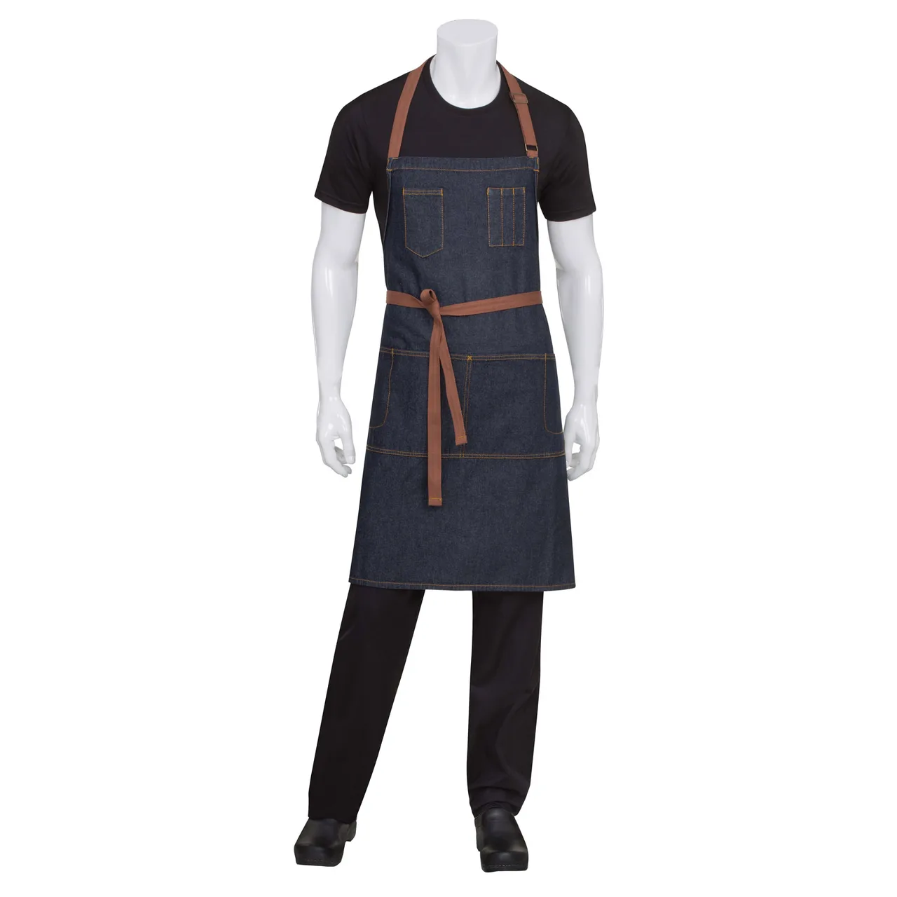 Chef Works AB035-IBL-0 Bib Apron, 34"L x 30"W, Indigo Blue, 100% Cotton Denim, Neck Strap, 4 Pockets