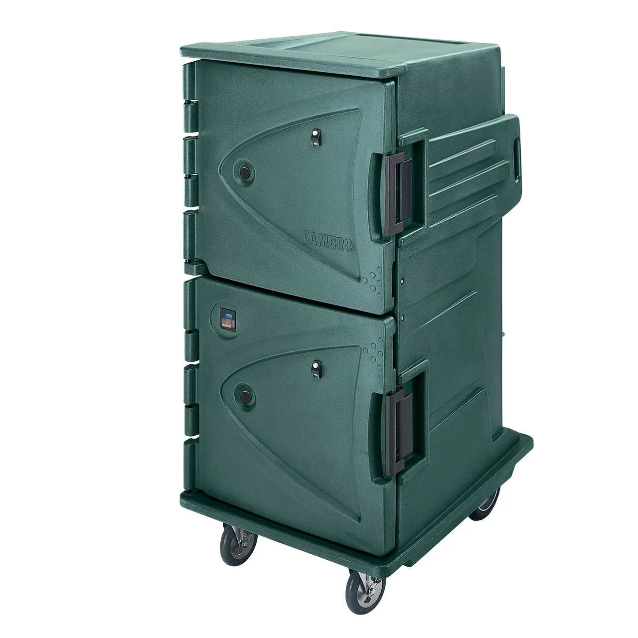 Cambro CMBHC1826TBF192 Camtherm Hot/Cold Cart, 30.5"W×39"D×64.4"H, 2-Door, Solid Door, Heated Holding Cabinet, 12×18"x26" Pans, Granite Green