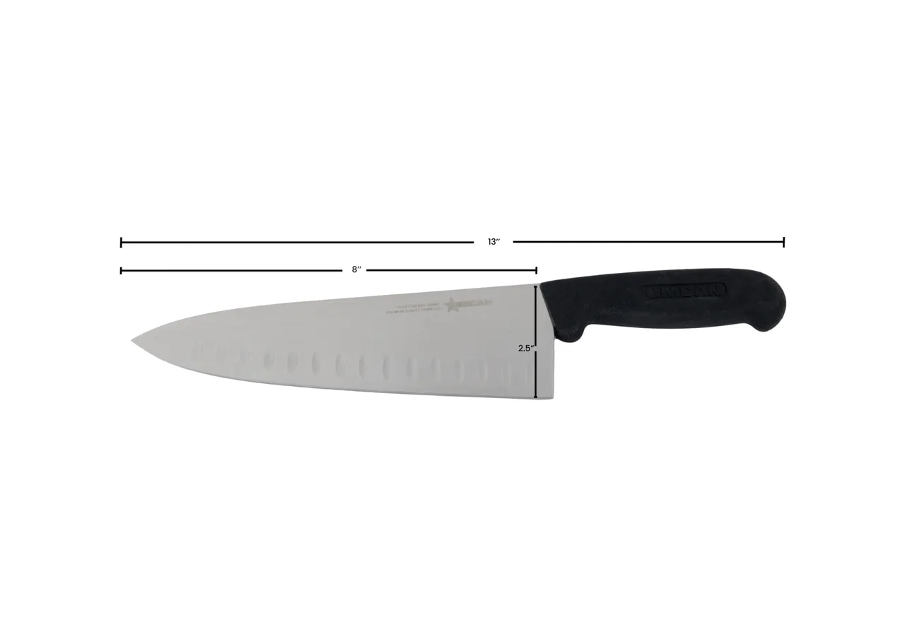 Omcan USA 16833 Chef Knife – 8" Granton Edge, Forged Steel Blade, Black Plastic Handle, Greban C‑A