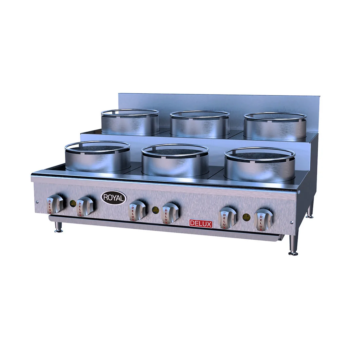 Royal Range of California ORSU-636 Countertop Gas Wok Range, (6) Burners (Bowls) w/ Step-Up, 10" Wok Ring, Manual Knobs, Cross & Circle Burner, 180.000 BTU