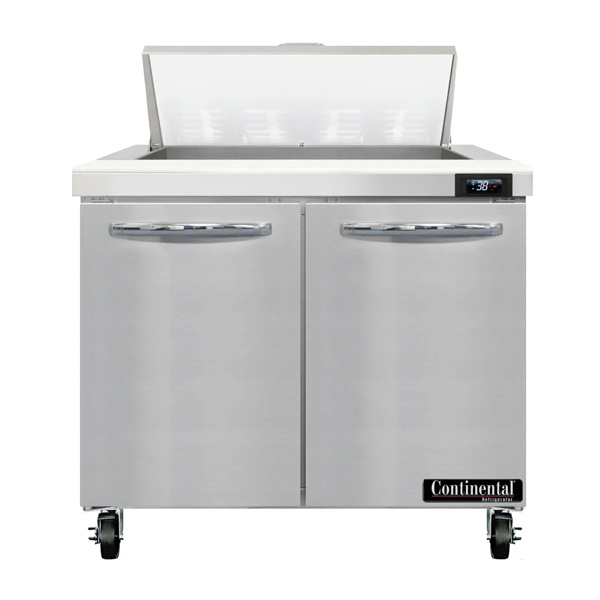 Continental Refrigerator SW36N8 36" Two Section Sandwich / Salad Prep Table w/ 2 Doors, 8 Pans