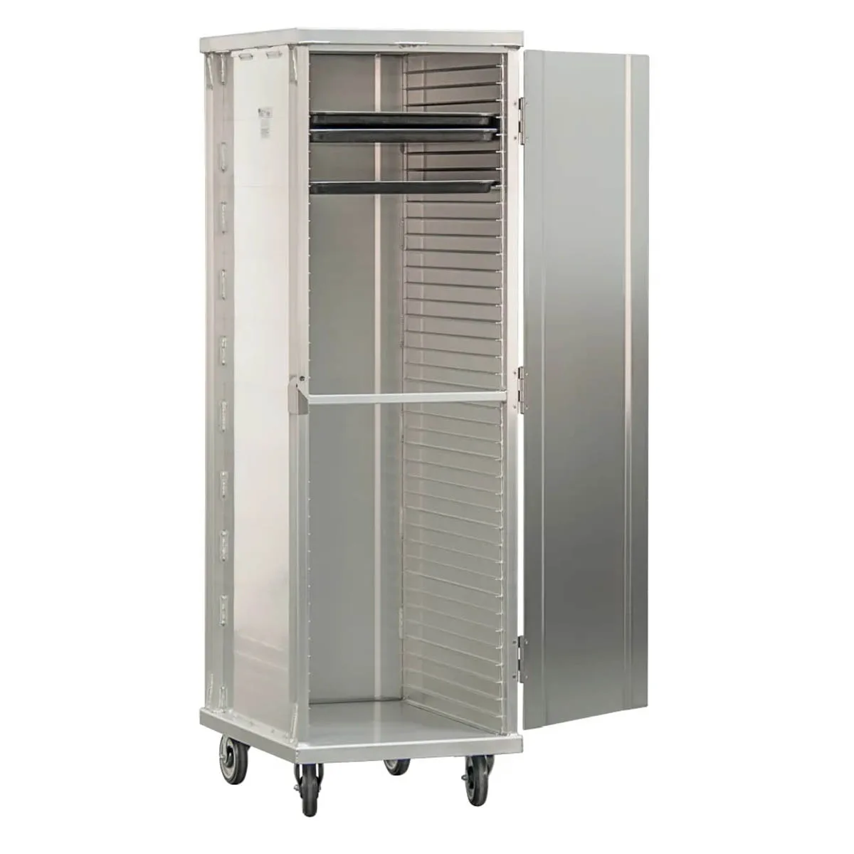 New Age 1290 40 Pan Aluminum Mobile End Load Enclosed Sheet Pan Rack w/ 1 1/2" Bottom Load Slides