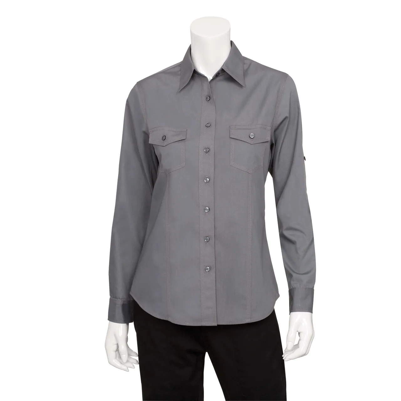 Chef Works WPDS-GRY-2XL Gray Cook Shirt 2XL, Poly/Cotton, Roll-Up Sleeves, Button Front, 2 Pockets