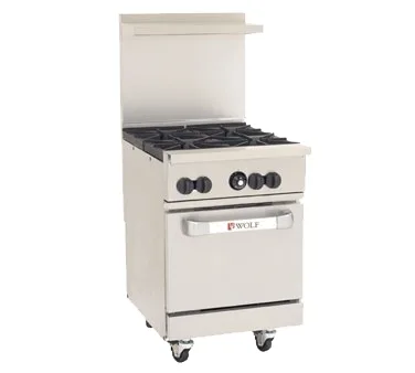 Wolf C24S-4B 24" Gas Restaurant Range w/ (4) Open Burners, (1) Space Saver Oven, 143.000 BTU
