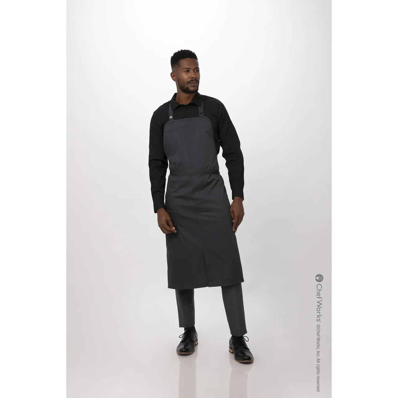 Chef Works ACN01-CHR-0 Bib Apron, 40"L x 43"W, Elastic Neck Strap, Pocket, Charcoal, 65/35 PolyCot