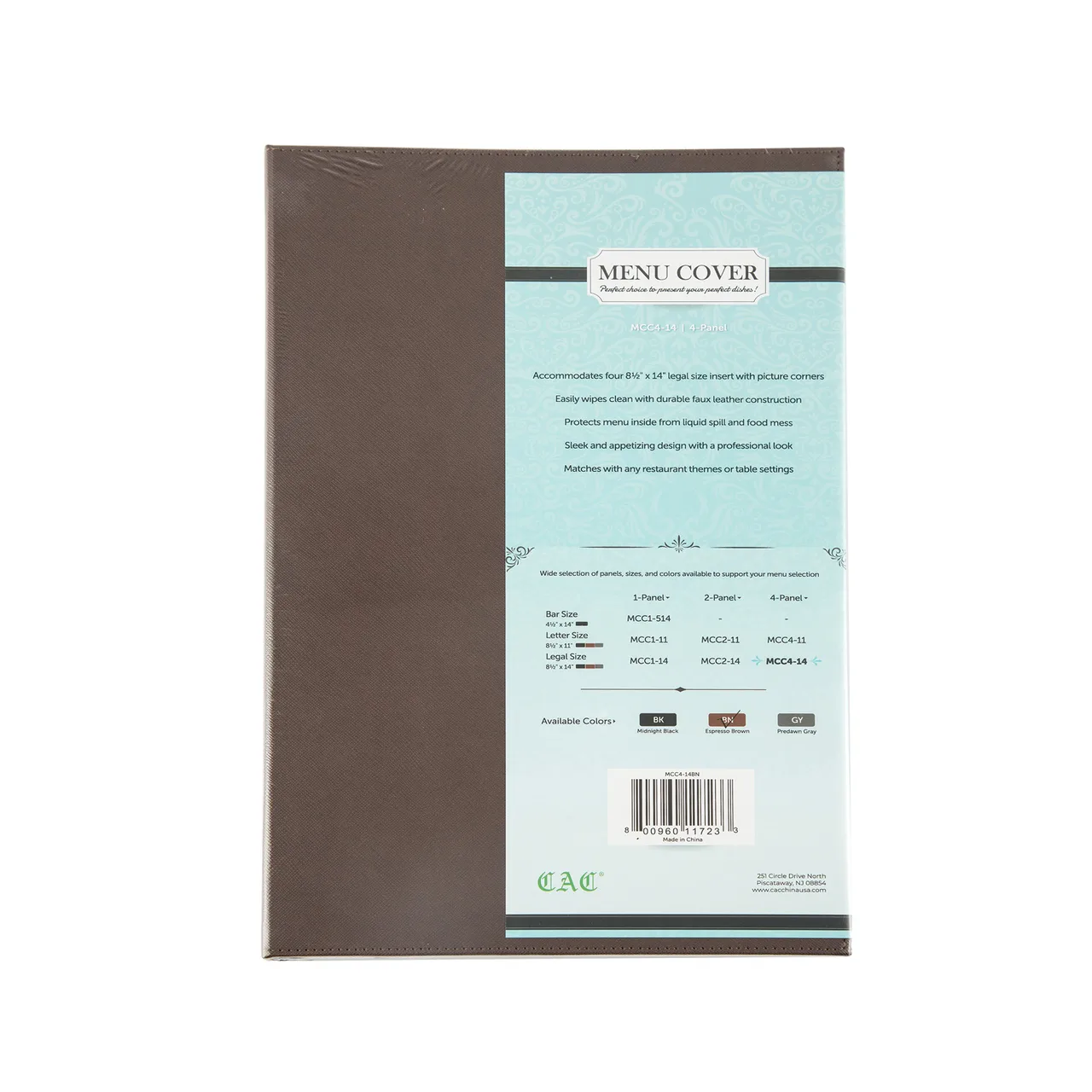 CAC China MCC4-14BN Menu Cover - 4‑Panel Legal Size 8‑1/2" x 14" Faux Leather Brown Booklet Style