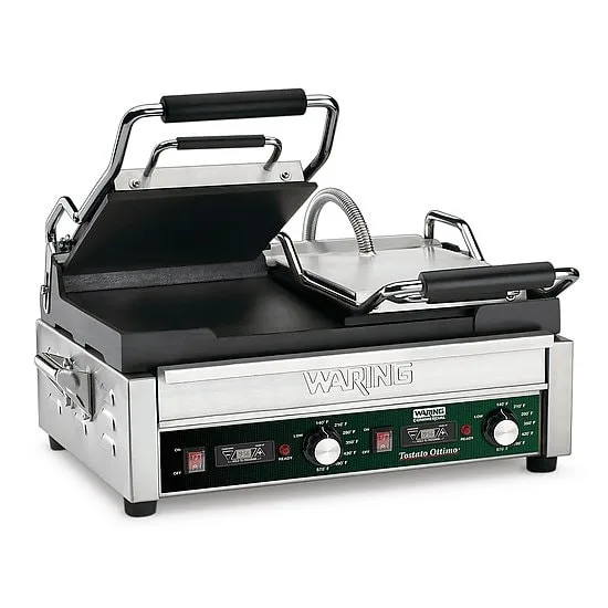 Waring WFG300T Double Cast Iron Sandwich Panini Grill w/ Timer, Smooth Plates, 240V