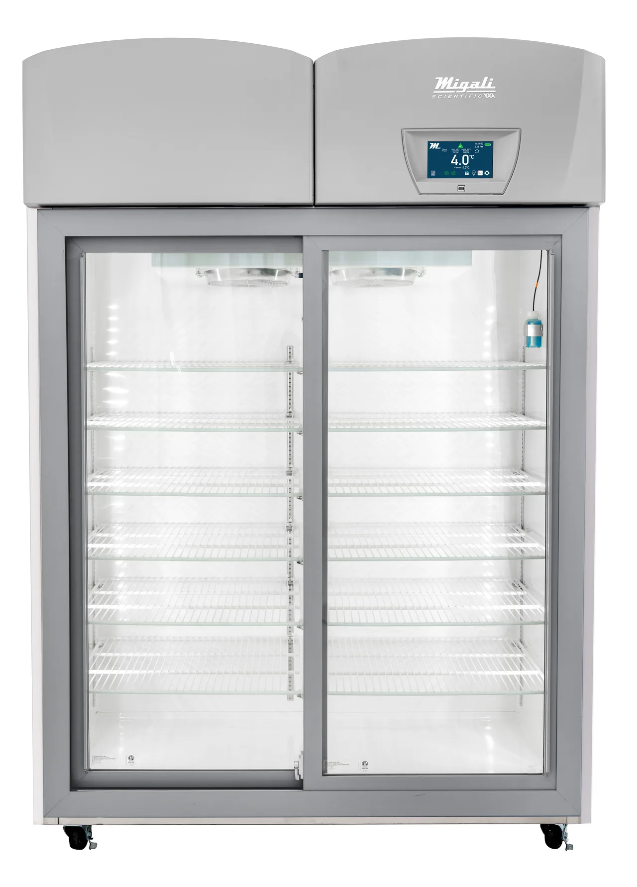 Migali EVOX-2R-LB-RC 55" Glass‑Door Refrigerator, 44.9 cu ft, White/Steel, LCD, 12 Shelves, ADA