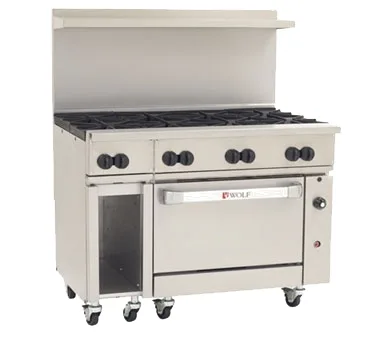 Wolf C48S-8B 48" Gas Restaurant Range w/ (8) Open Burners, (1) Standard Oven, (1) Cabinet Base, 275.000 BTU