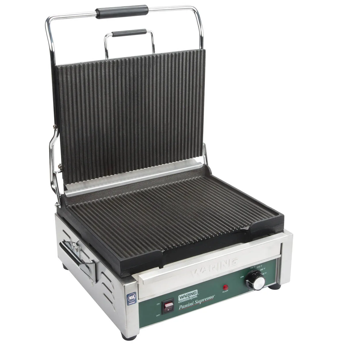 Waring WPG250B Single Cast Iron Sandwich Panini Grill w/ 14.5" x 11" Grooved Plates, 208V