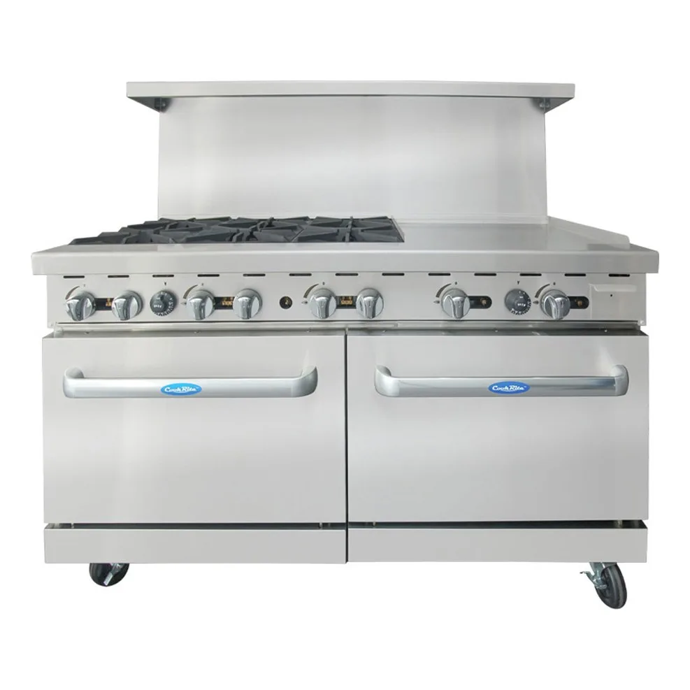 Atosa USA AGR-6B24GR-LP 60“ Liquid Propane Gas Restaurant Range w/ (6) Open Burners, (1) 24“ Griddle, (2) Standard Ovens, 240.000 BTU 