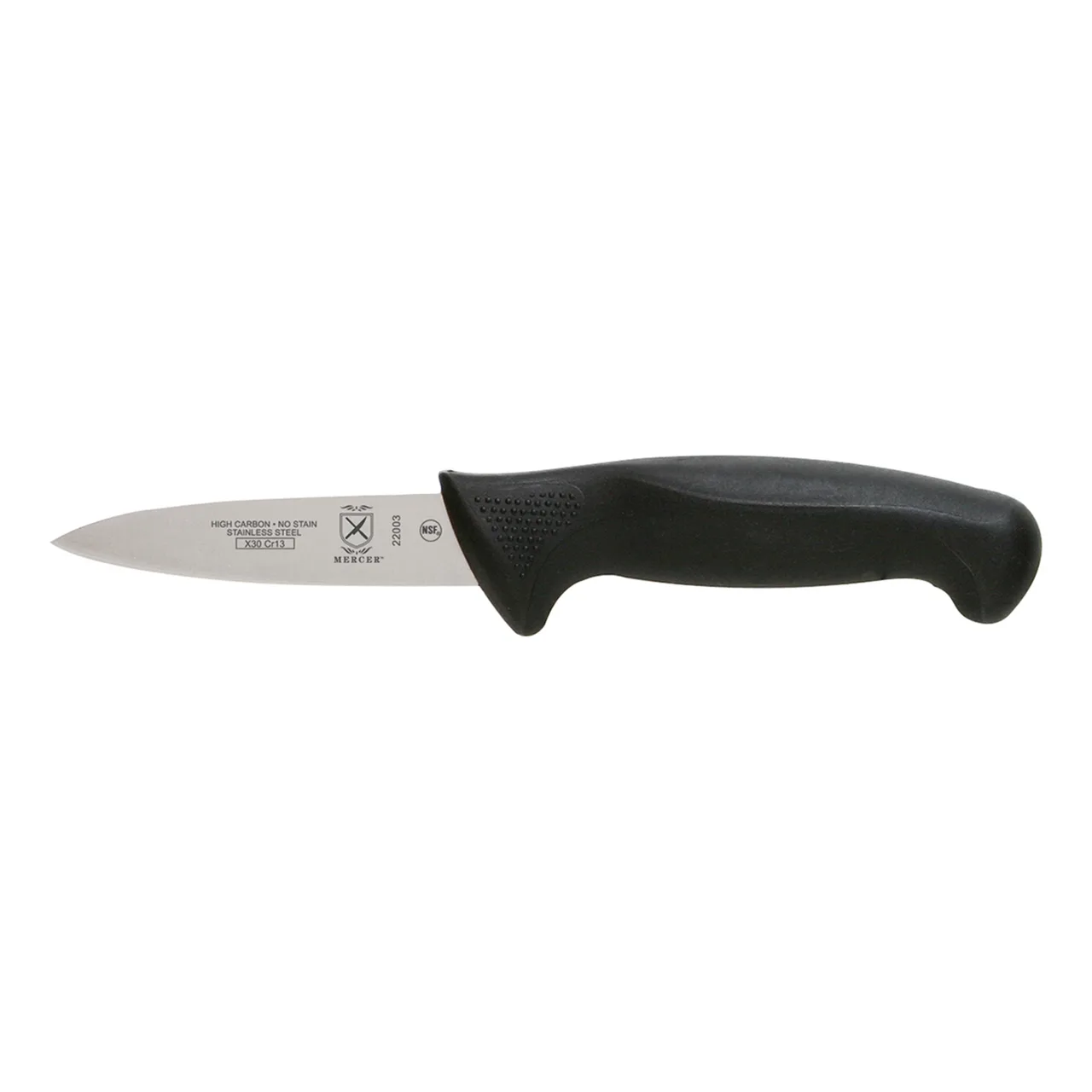 Mercer M22003 - 3" Stamped Spear Paring Knife, Carbon Steel Blade, Black Poly Handle, NSF