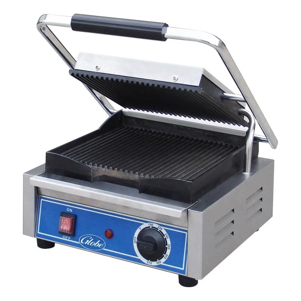 Globe GPG10 Single Commercial Panini Press w/ Cast Iron Grooved Plates, 120v 6