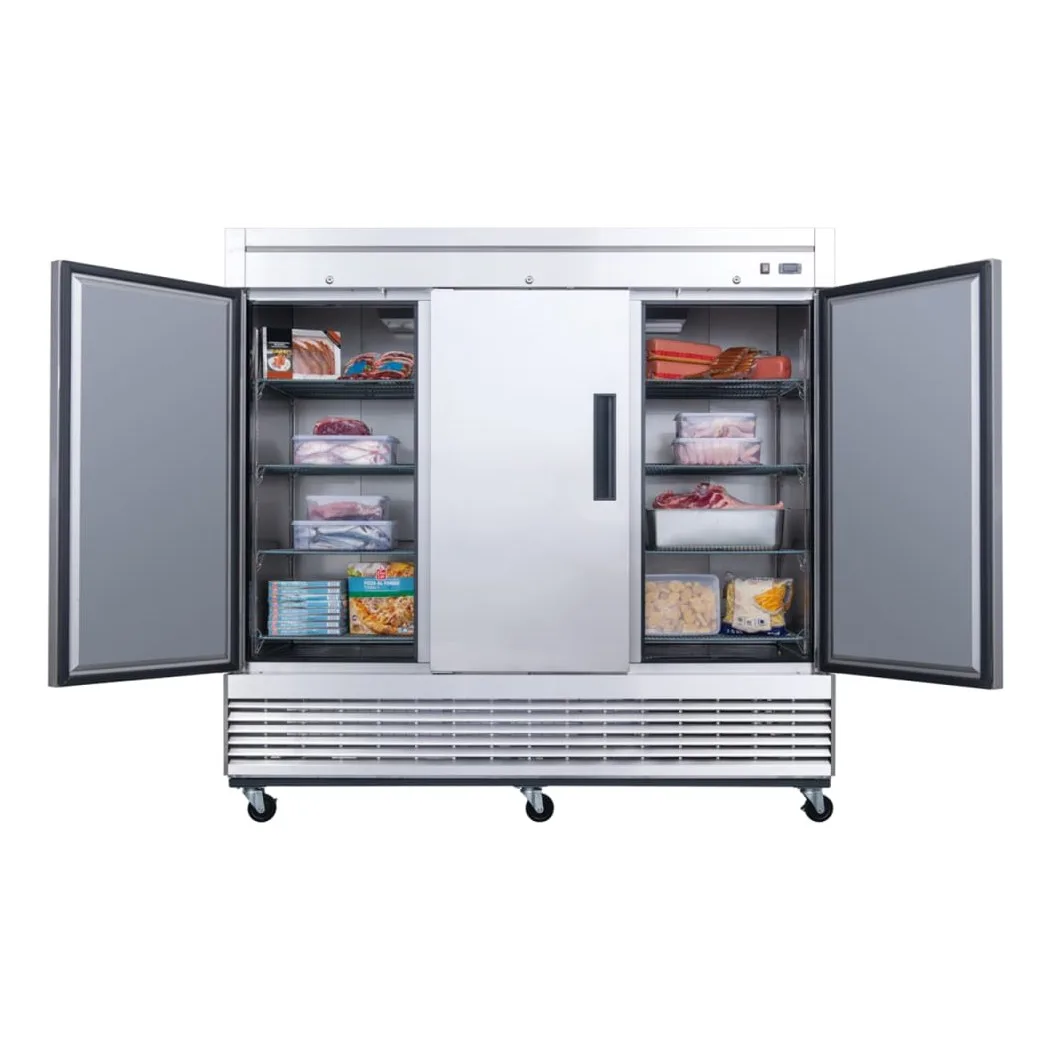Dukers D83R 82 5/8" Three Section Reach In Refrigerator, (3) Left/Right Hinge Solid Doors, 115v