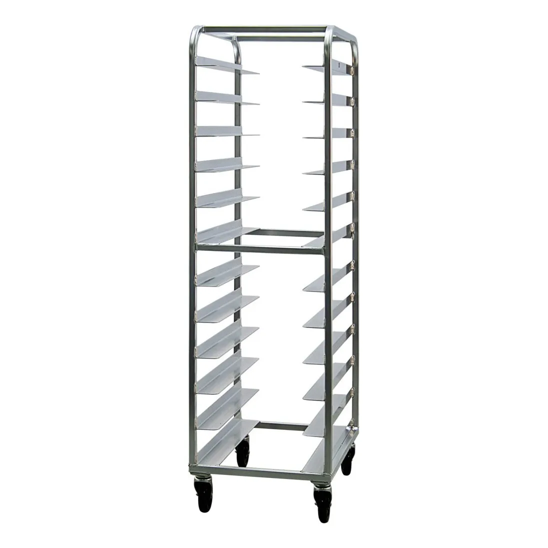 New Age 97745 24 Tray End Load Aluminum Tray Rack for 14" x 18" Trapezoid / Round Trays