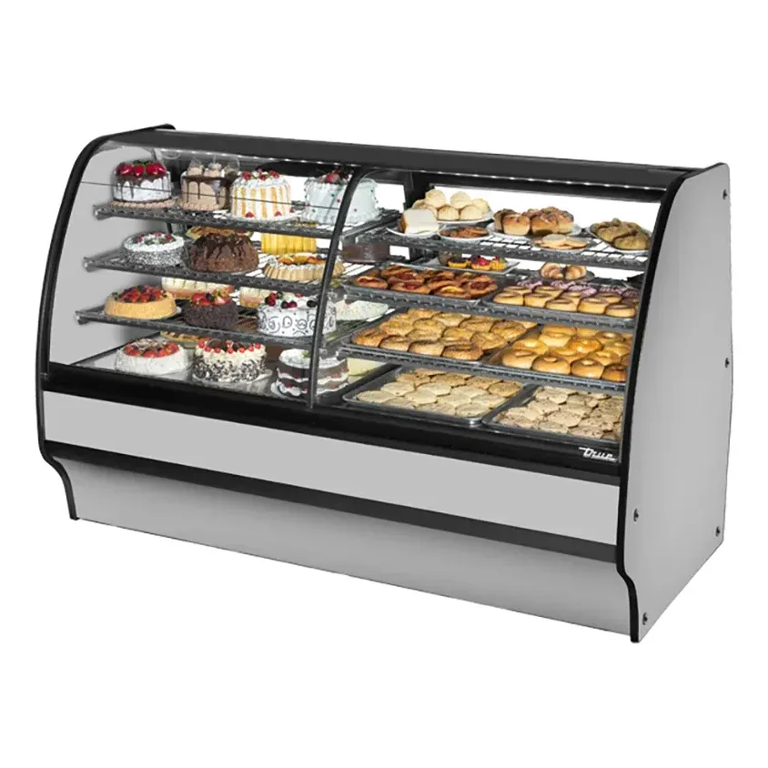 True TGM-DZ-77-SC/SC-S-S 77 1/4″ Full Service Dual Zone Bakery Case w/ Curved Glass – (4) Levels, 115v