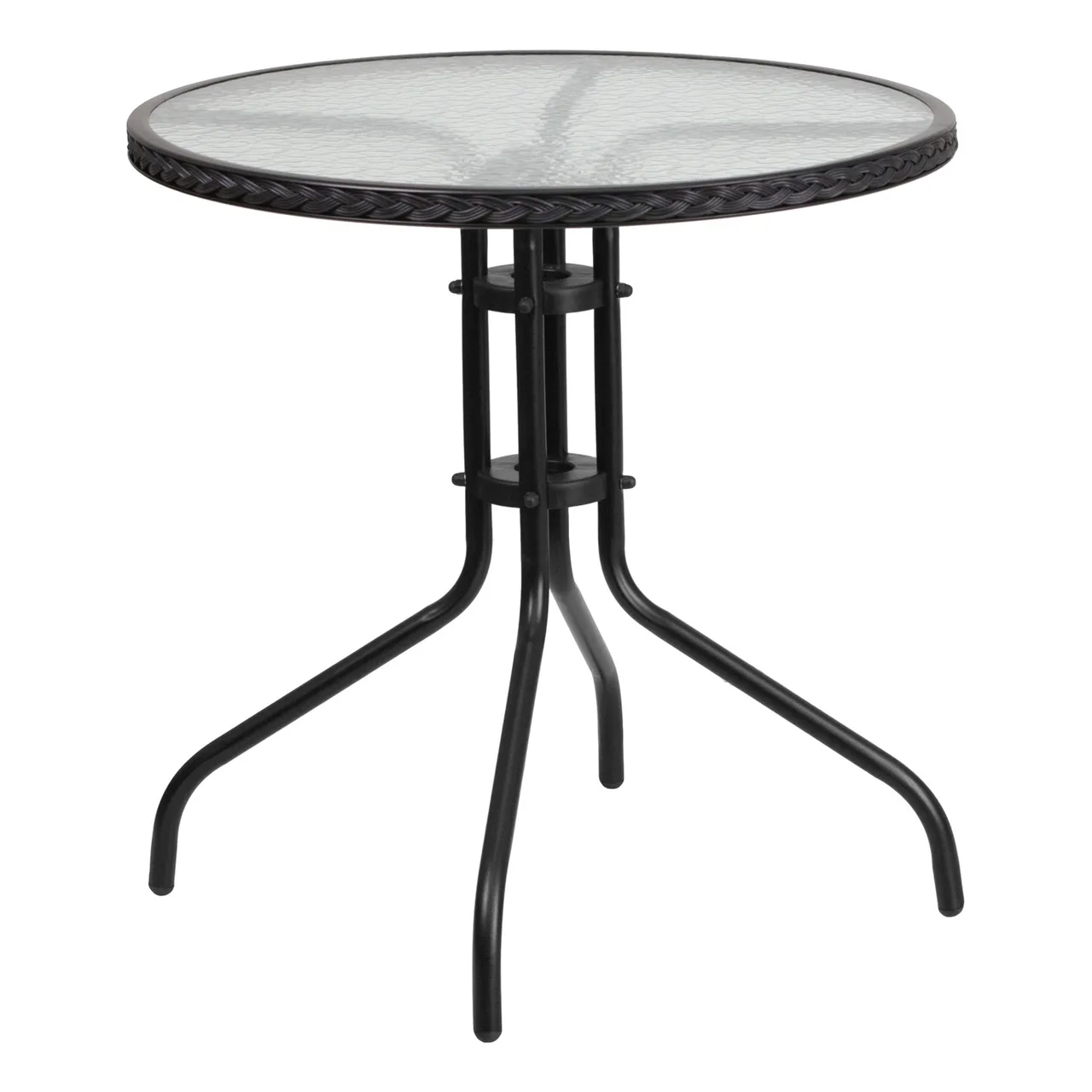 Flash Furniture TLH-087-BK-GG Round Outdoor Patio Table, 28" dia., Black Rattan Edge, Glass Top, Black Metal Base