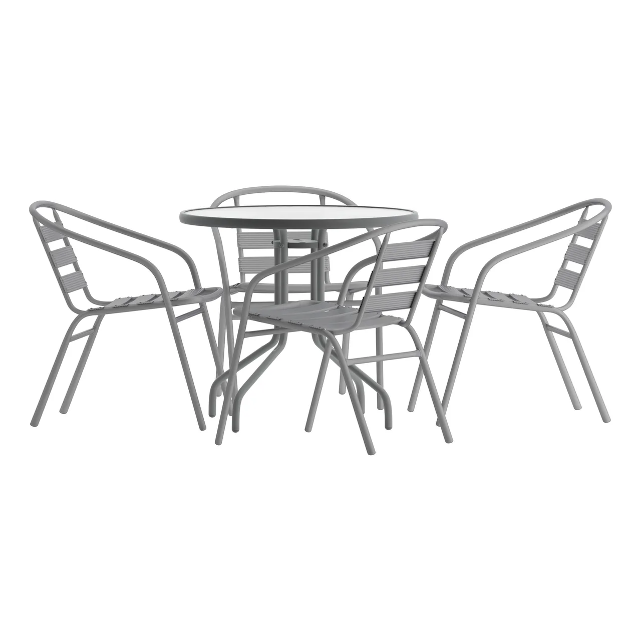 Flash Furniture TLH-072RD-017CSV4-GG Lila 31.5in Glass Top Metal Table Set with 4 Silver Aluminum Slat Stack Chairs