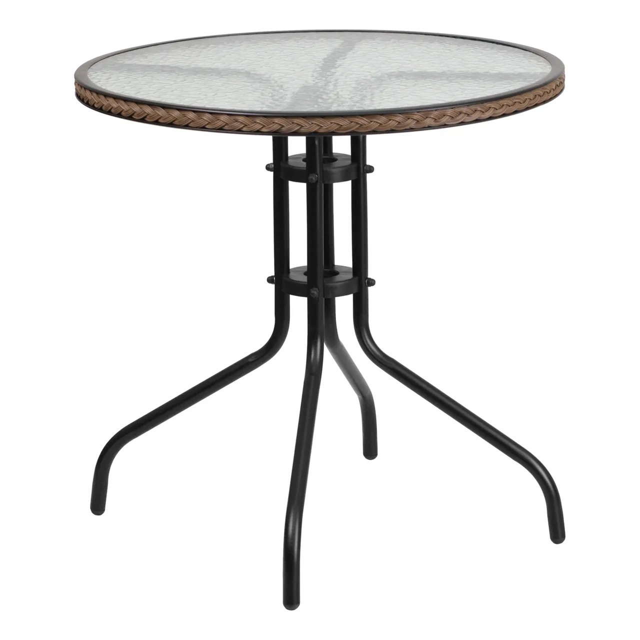 Flash Furniture TLH-087-DK-BN-GG 28in Round Outdoor Patio Table, Glass Top, Dark Brown Rattan Edge, Black Metal Base