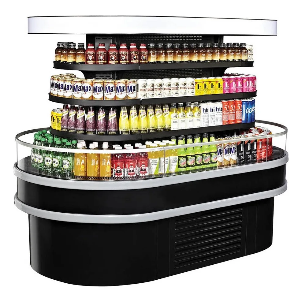Turbo Air TIOM-36RSRB-N 48″ Island Display Self-Serve Refrigerated Merchandiser in Black, Open Curved, 3 Shelves, 25.6 cu. ft.