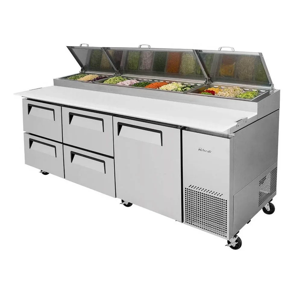 Turbo Air TPR-93SD-D4-N 93″ Refrigerated Pizza Prep Table w/ 1 Door & 4 Drawers, 12 Pans