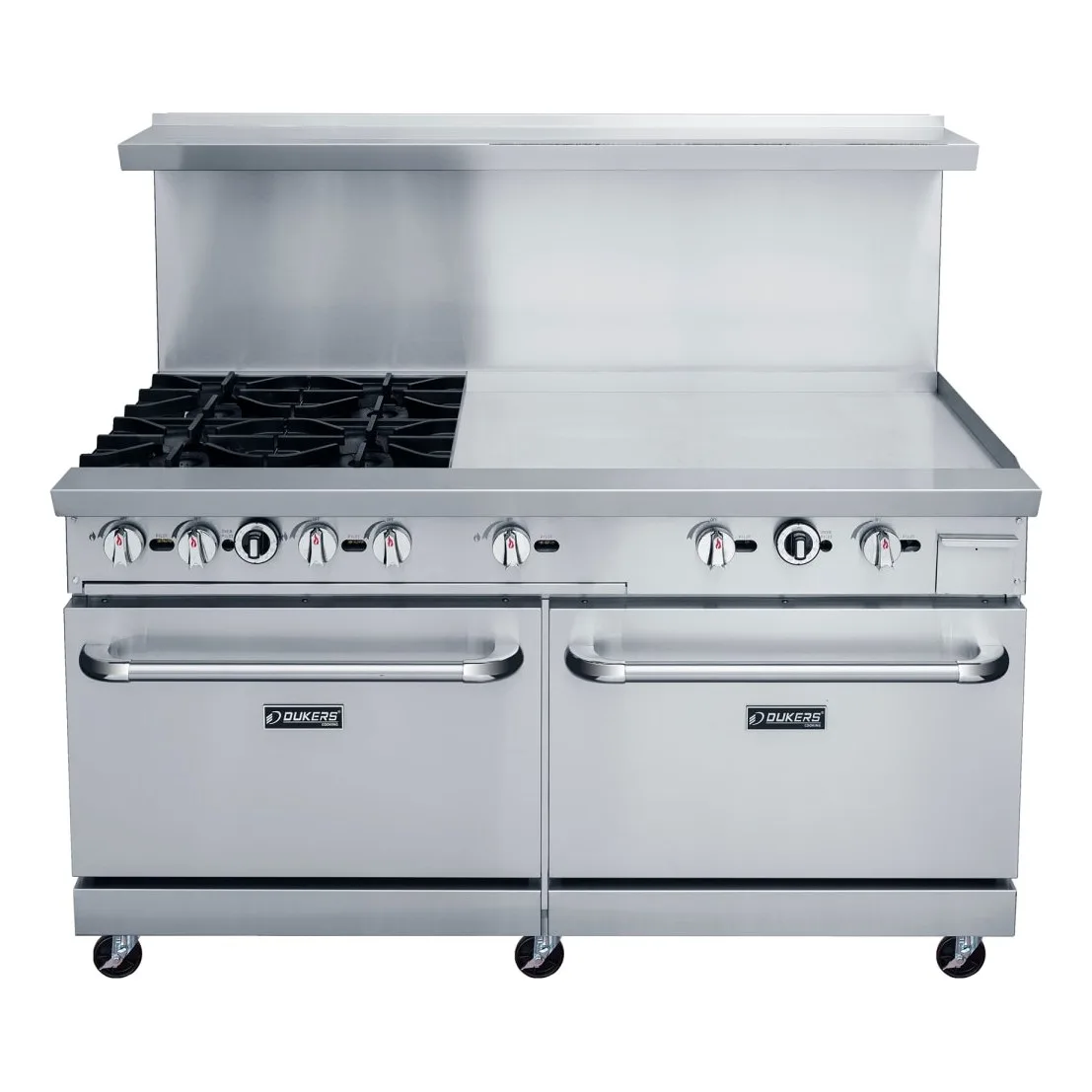 Dukers DCR60-4B36GM 60" 4 Burner Gas Range w/ Griddle - (2) Standard Ovens, Convertible