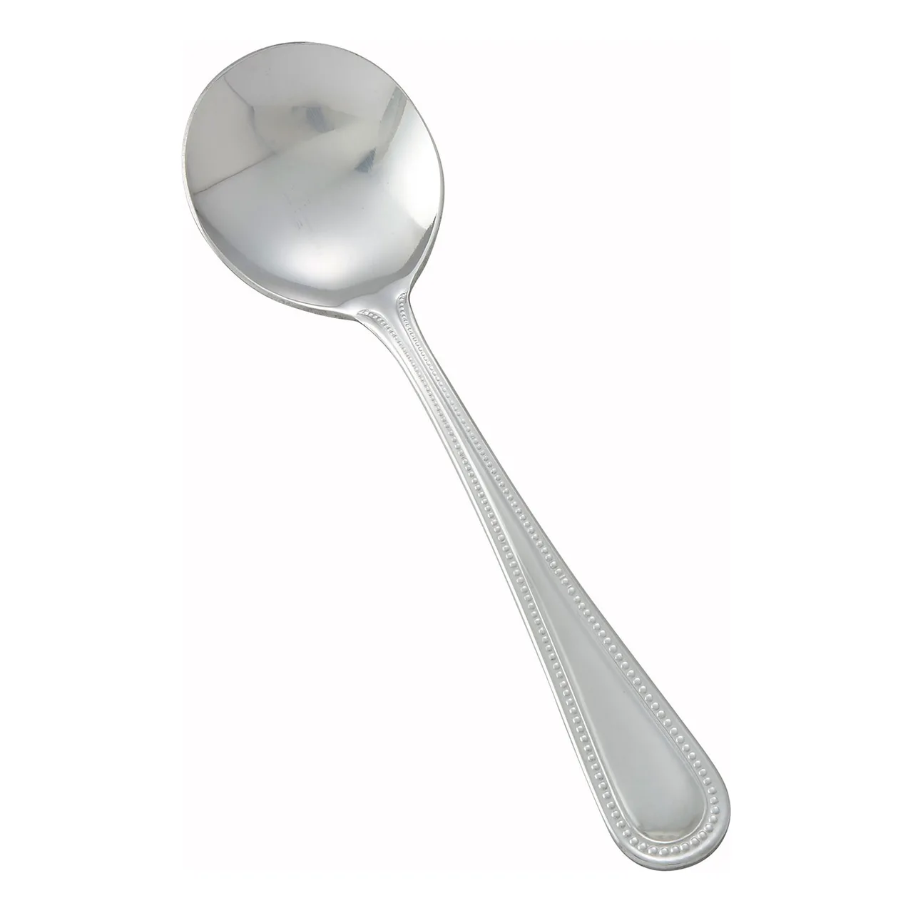 Winco 0005-04 - 6-1/8" Bouillon Spoon, 18/0 Stainless Steel, Mirror Finish Dots - 1 Dozen