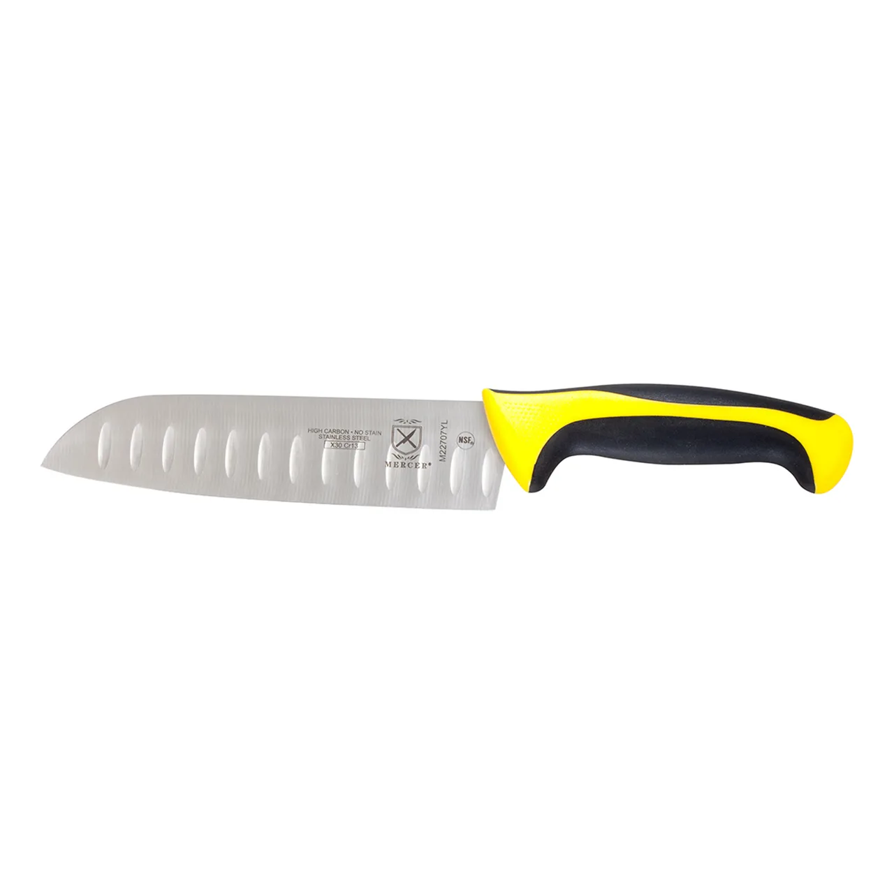 Mercer M22707YL – 7" Yellow Santoku Knife, Granton Edge, Carbon Steel, Santoprene/Poly Handle, NSF